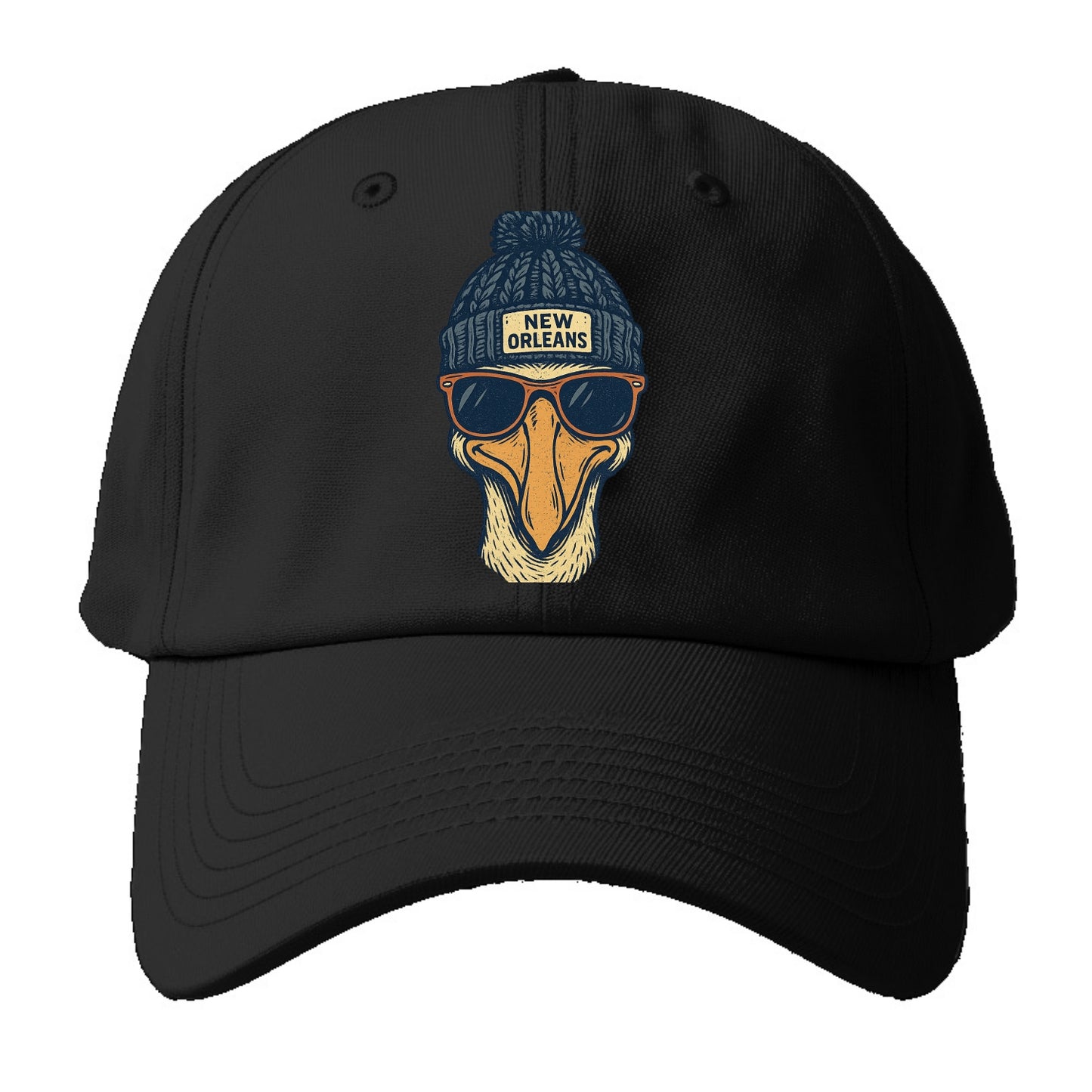 New Orleans Pelican wearing New Orleans beanie with pom pom and wayfarer sunglasses - Baseball Cap - Black