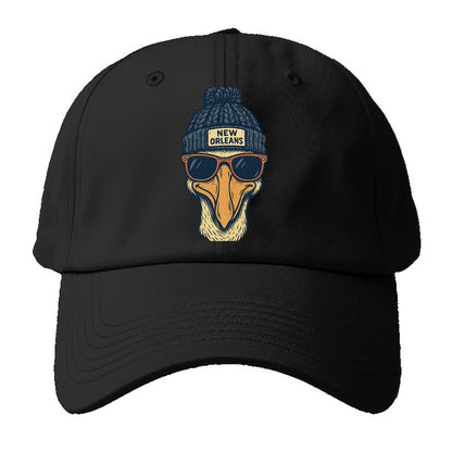 New Orleans Pelican wearing New Orleans beanie with pom pom and wayfarer sunglasses - Baseball Cap - Black