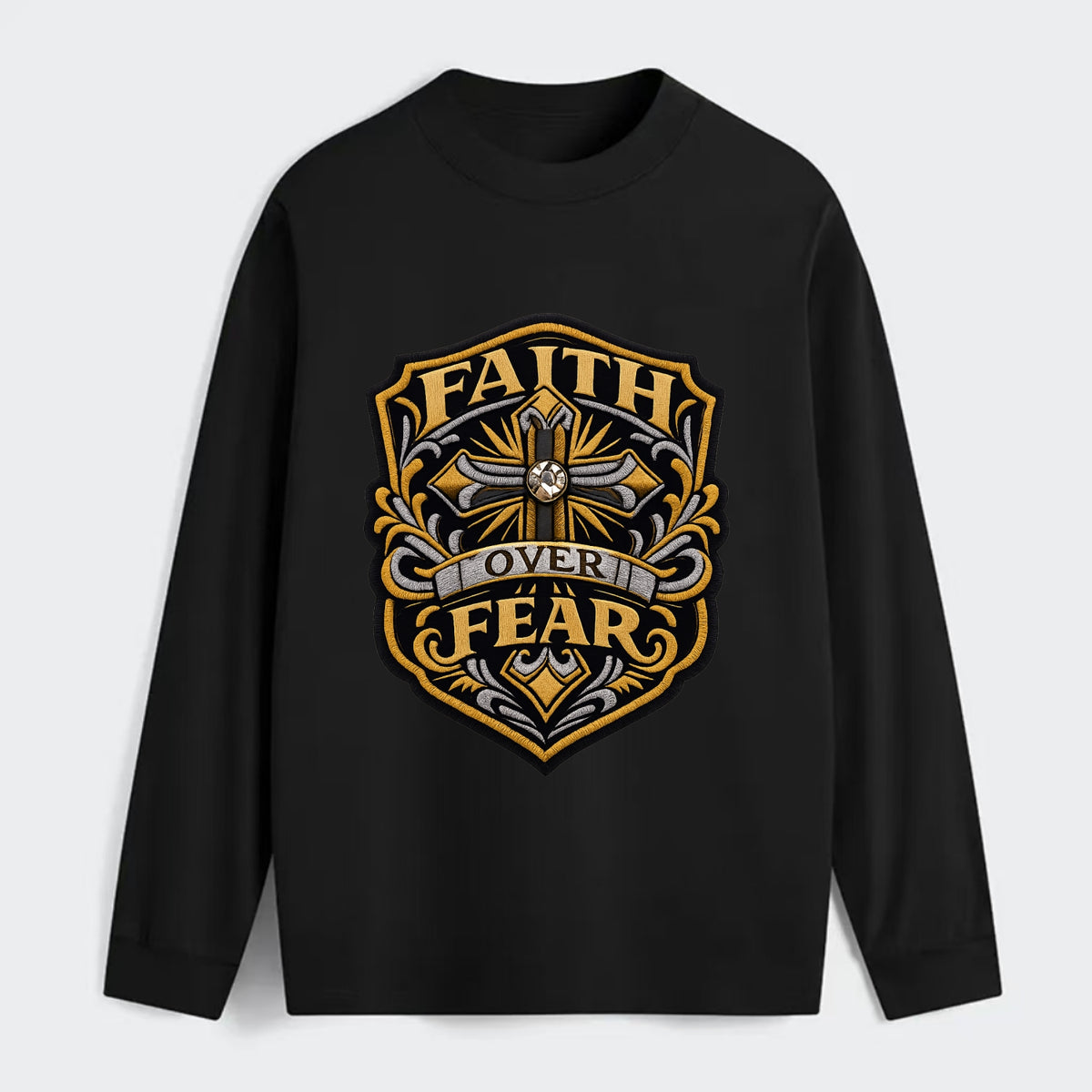 FAITH OVER FEAR - cross with text in gold , spiritual strength - Classic Long Sleeve Shirt - Black