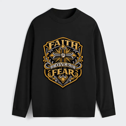 FAITH OVER FEAR - cross with text in gold , spiritual strength - Classic Long Sleeve Shirt - Black