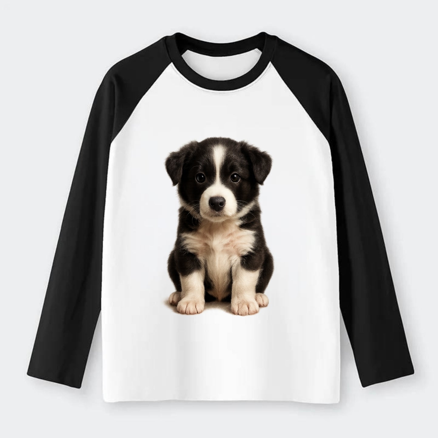 Baby Border Collie Puppy - black and white, intense smart eyes, - Raglan Long Sleeve T-Shirt - Black