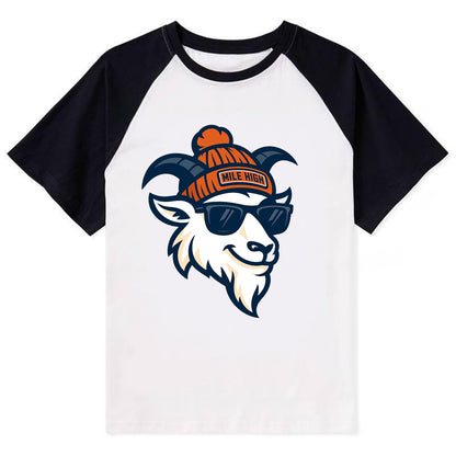 Denver Mountain Goat wearing Broncos beanie with Mile High patch and - Contrast Raglan T-shirt - Black