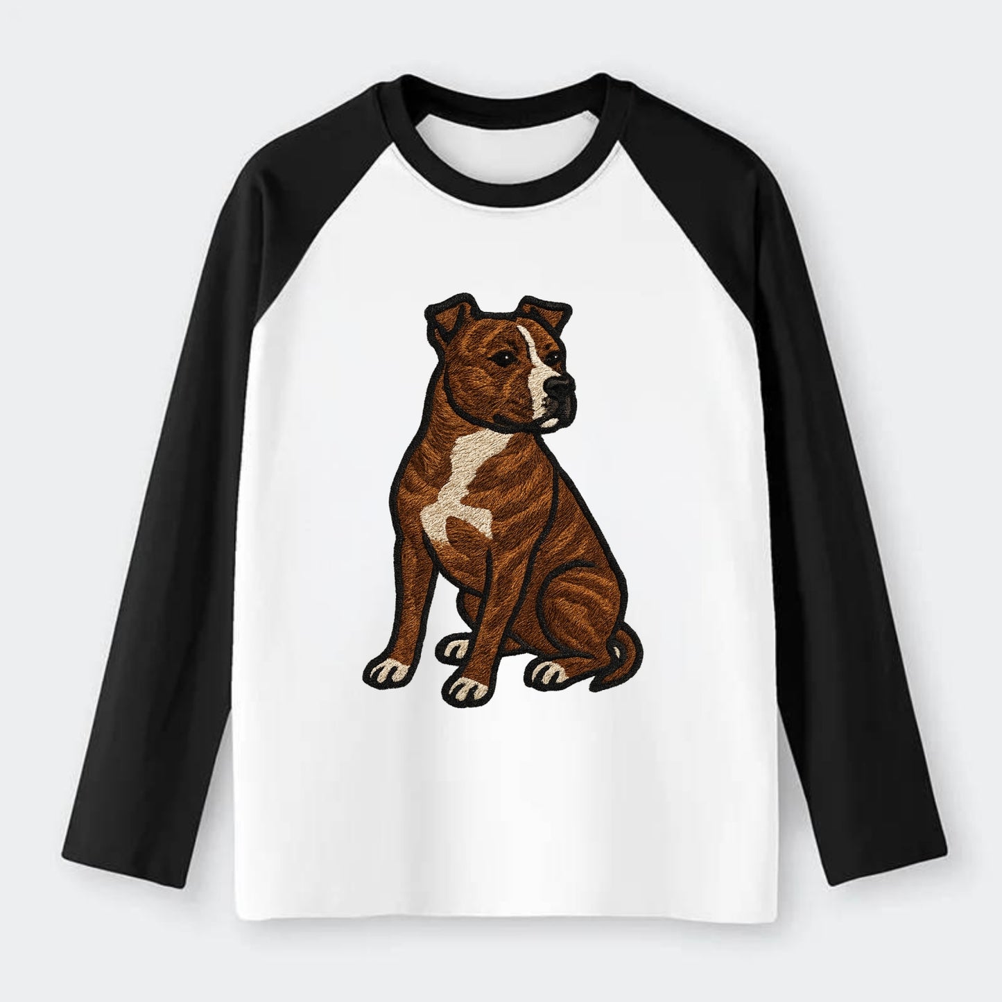 American Staffordshire Terrier - Brindle embroidered pose - Raglan Long Sleeve T-Shirt - Black