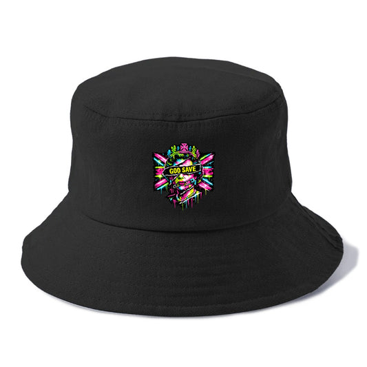 GOD SAVE | Torn royal portrait style | Blackout bar across eyes | Safety pin through - Bucket Hat - Black