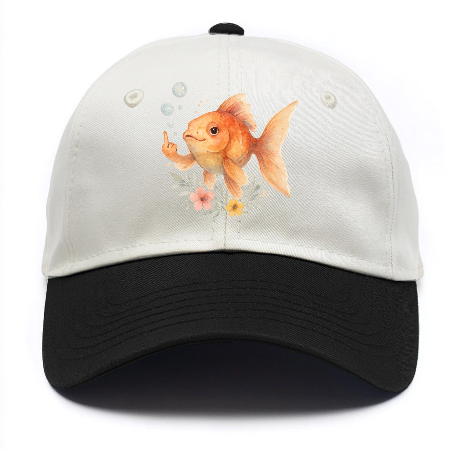 chubby goldfish blowing bubbles, one fin extended like middle finger - Two Tone Cap - Black