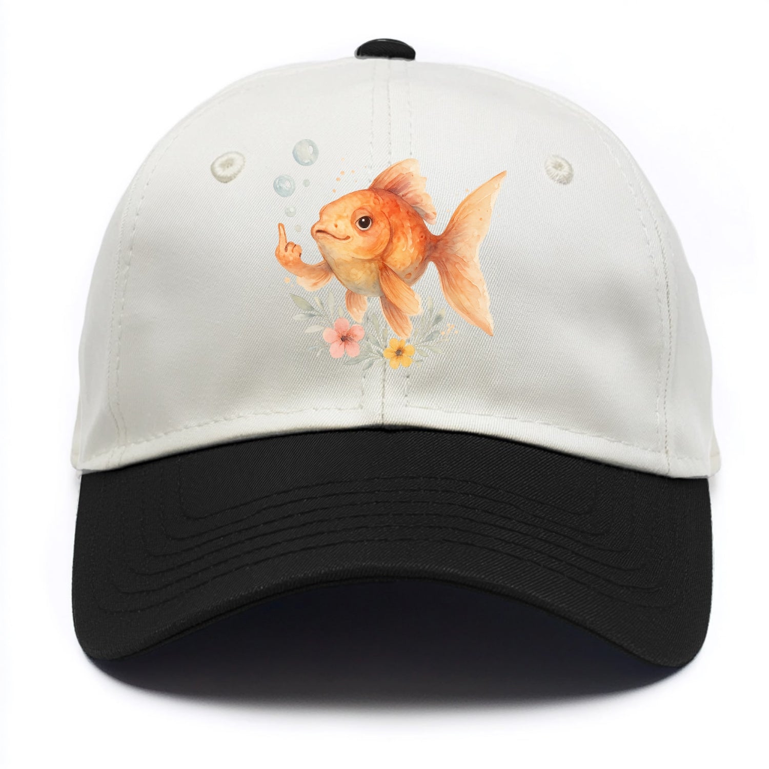 chubby goldfish blowing bubbles, one fin extended like middle finger - Two Tone Cap - Black