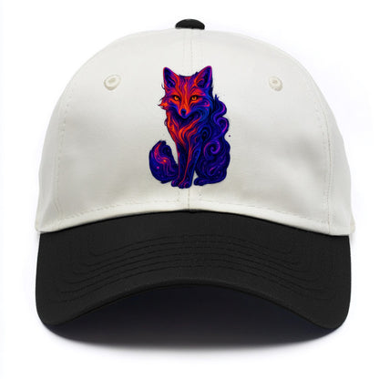 Clever fox with tail dissolving into cosmic nebula swirls, orange to purple gradient - Two Tone Cap - Black
