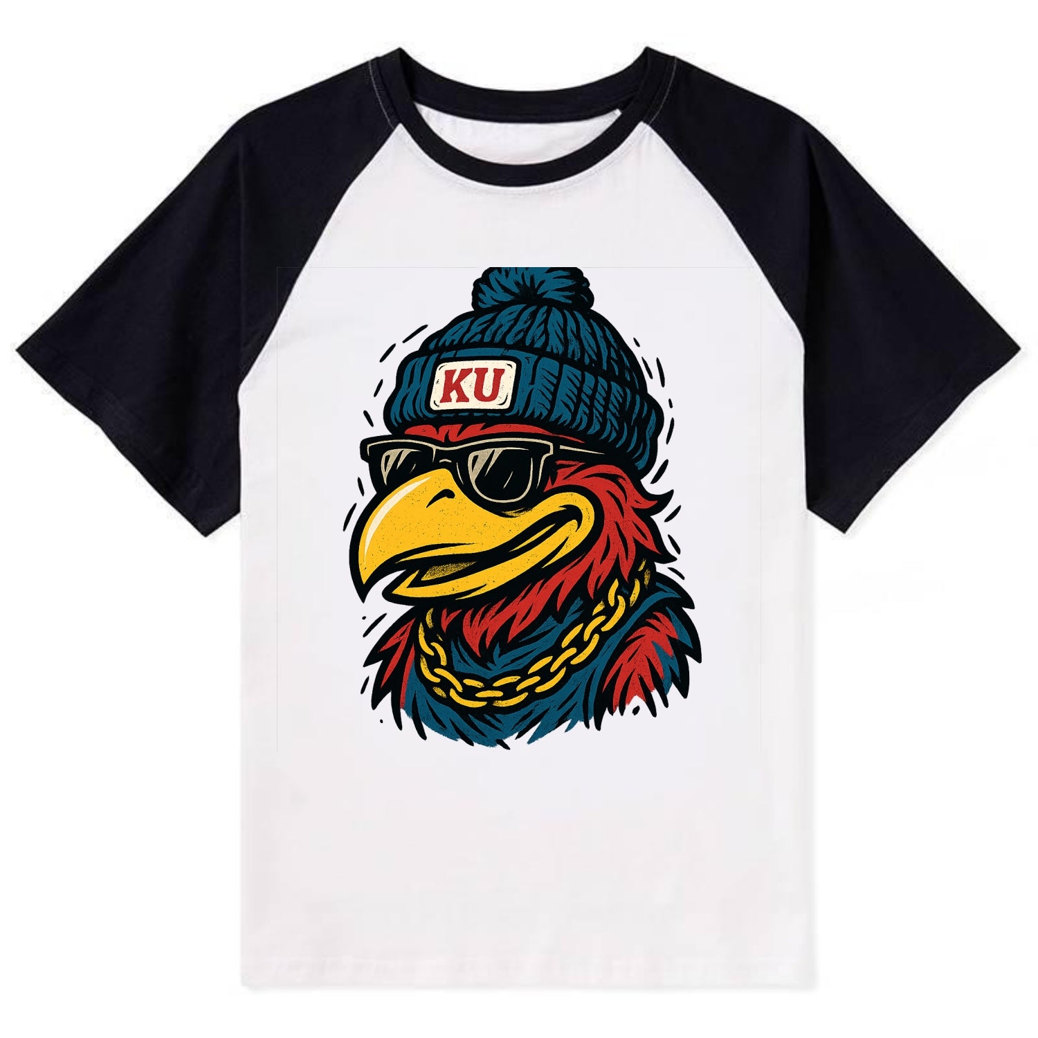 Lawrence Jayhawk wearing Kansas beanie with KU patch - Contrast Raglan T-shirt - Black
