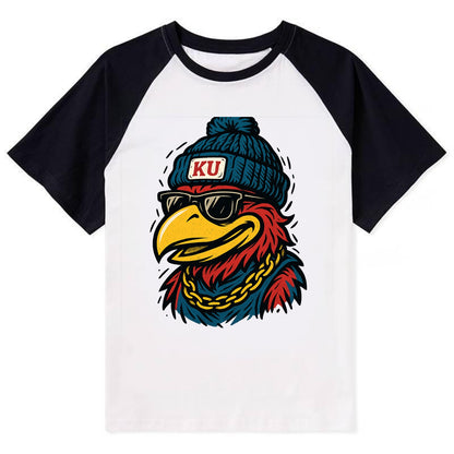 Lawrence Jayhawk wearing Kansas beanie with KU patch - Contrast Raglan T-shirt - Black