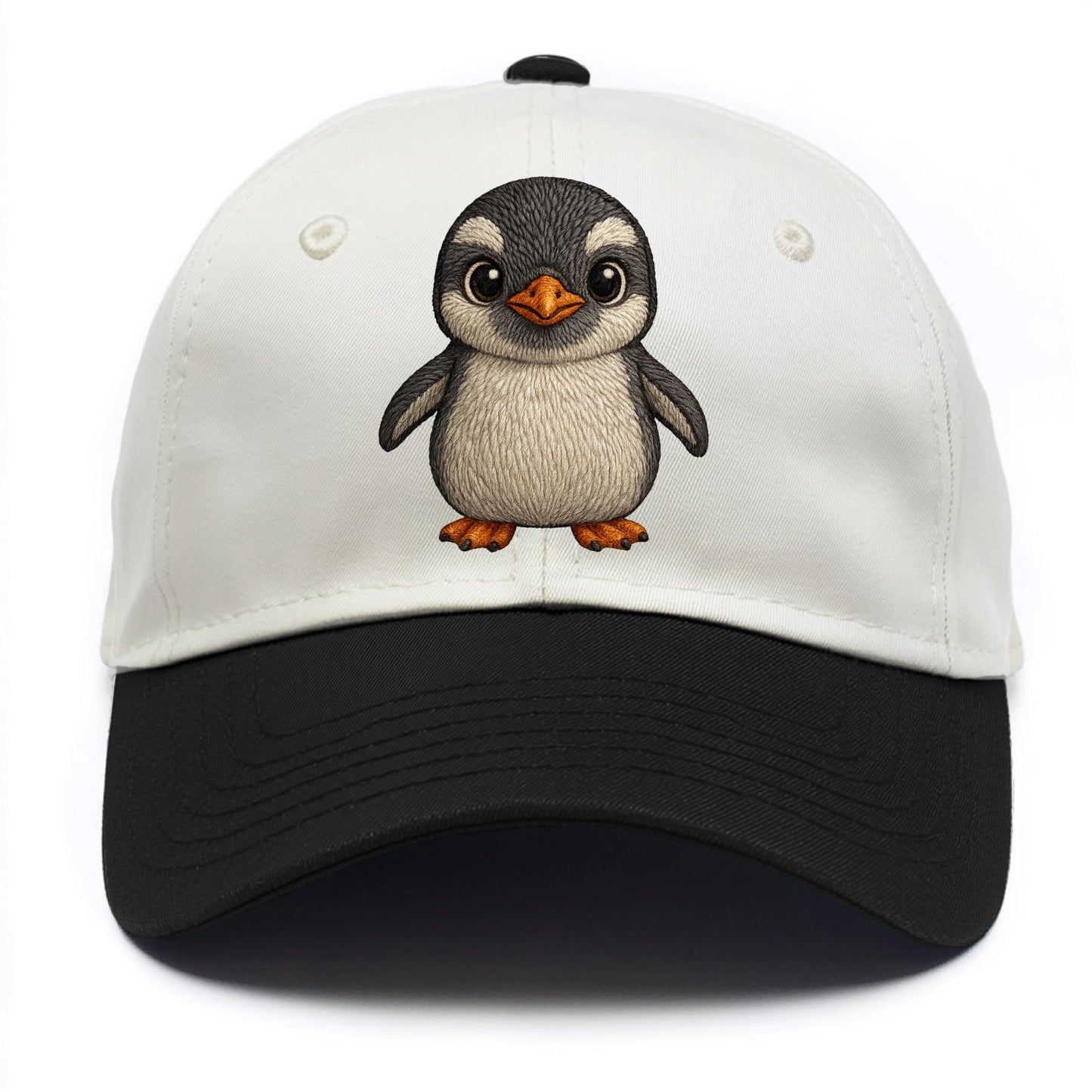 Baby Gentoo Penguin - orange beak, white cap, bright eyes, front-facing, energetic - Two Tone Cap - Black