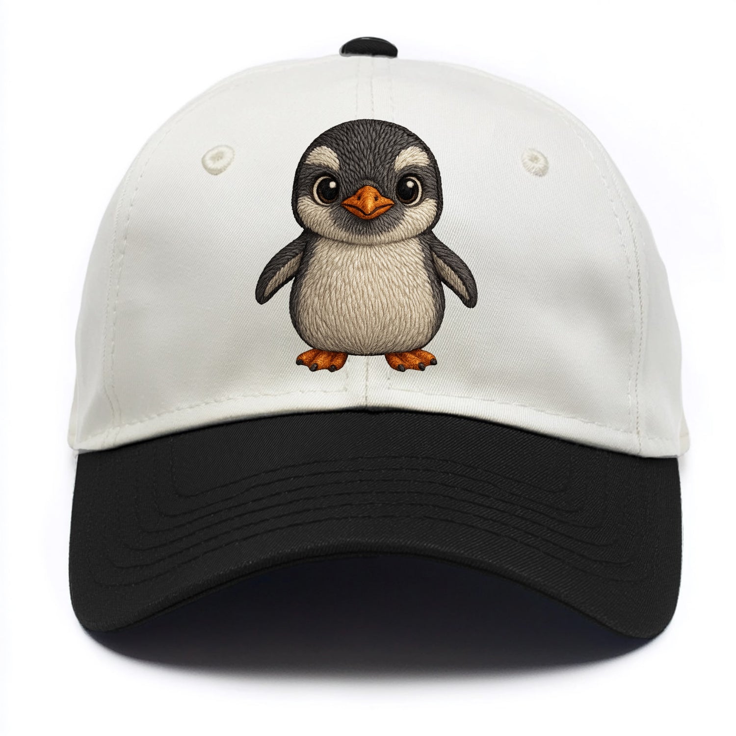 Baby Gentoo Penguin - orange beak, white cap, bright eyes, front-facing, energetic - Two Tone Cap - Black