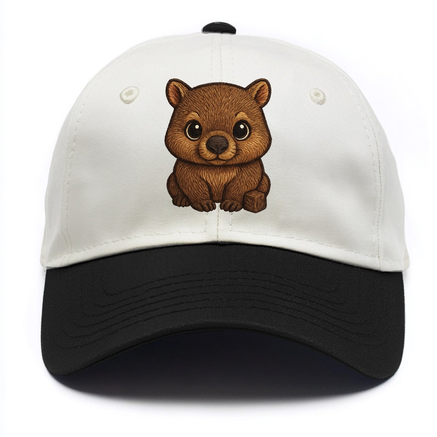 Baby Wombat - brown fur, square nose, small ears, dark eyes, front-facing, cube poop - Two Tone Cap - Black