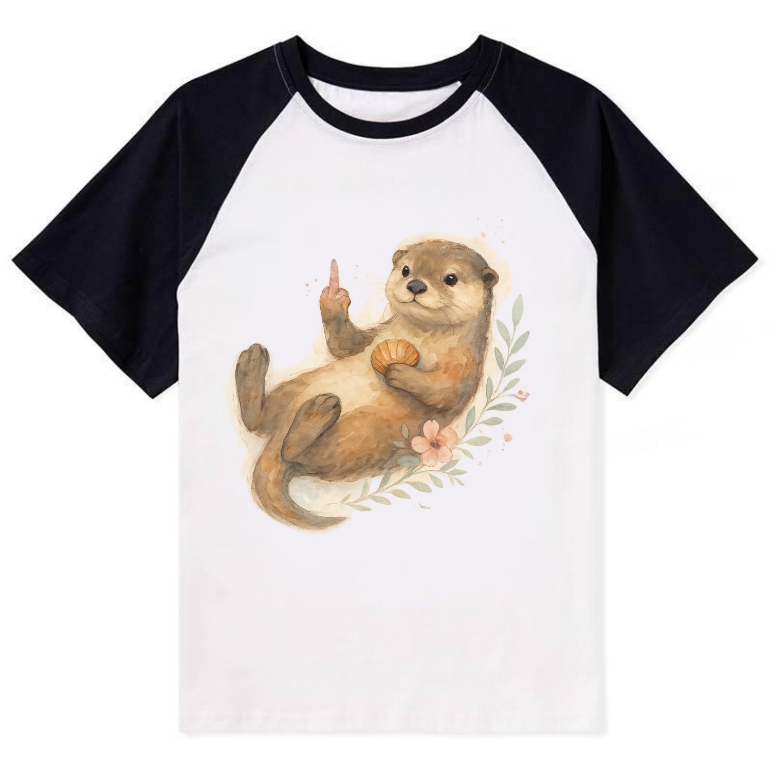 adorable otter floating on back, middle finger up while holding a - Contrast Raglan T-shirt - Black