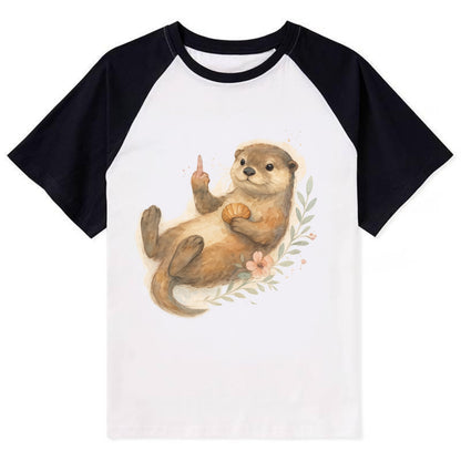 adorable otter floating on back, middle finger up while holding a - Contrast Raglan T-shirt - Black