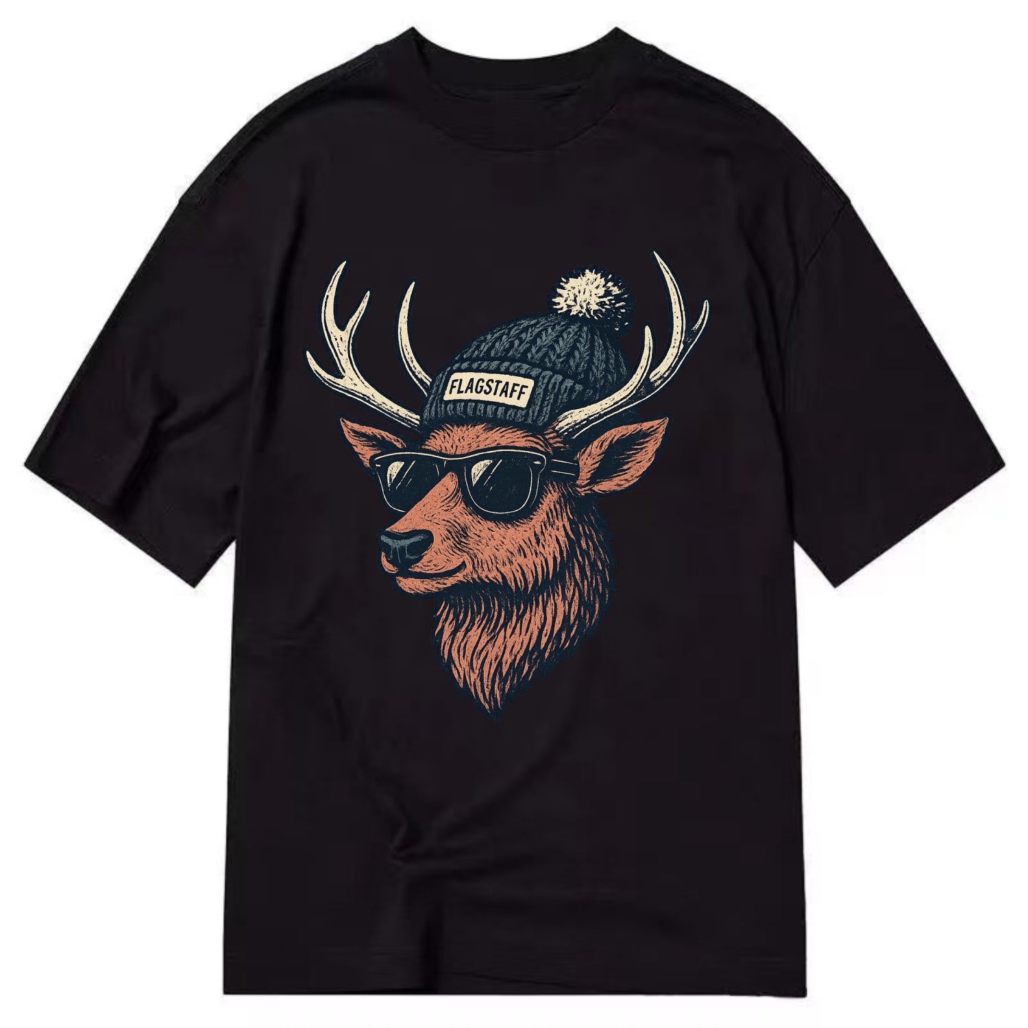 Flagstaff Elk wearing Flagstaff beanie with pom pom and wayfarer sunglasses - Classic T-shirt - Black