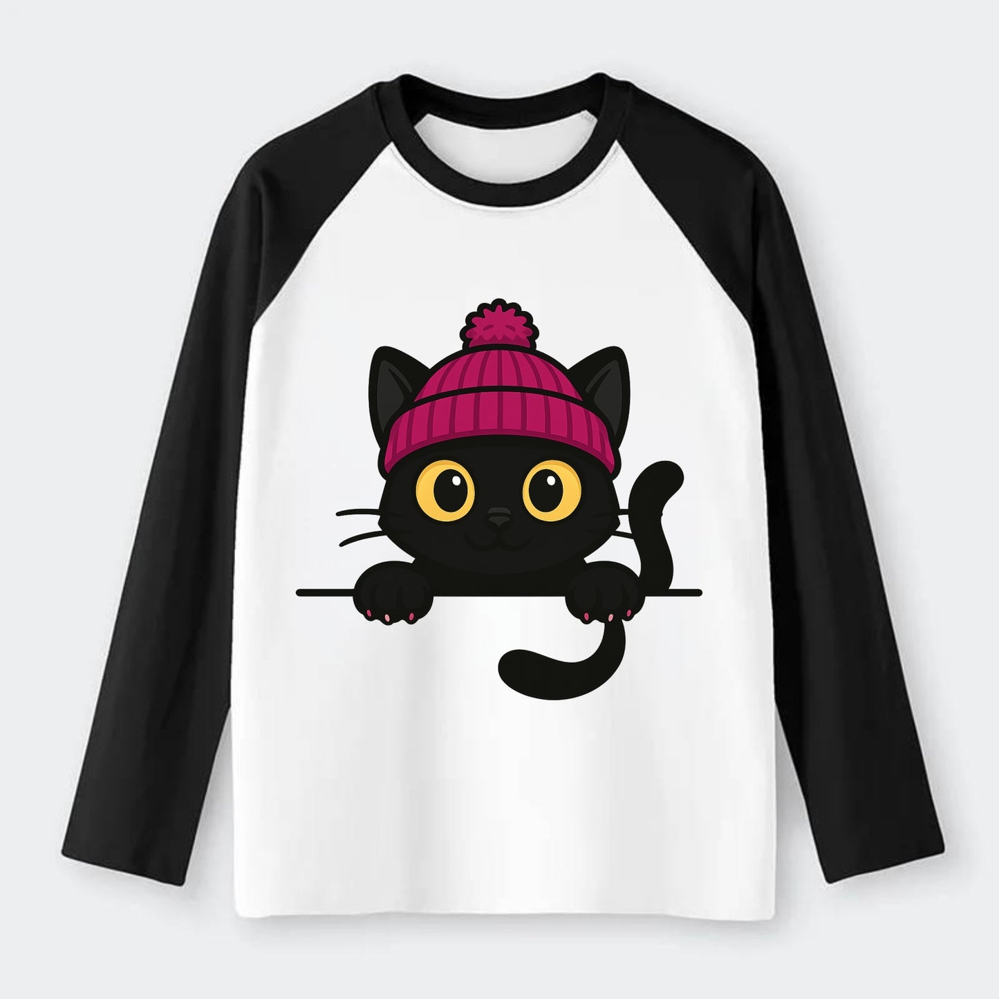 Midnight the black cat holding a tiny book labeled secrets against the - Raglan Long Sleeve T-Shirt - Black