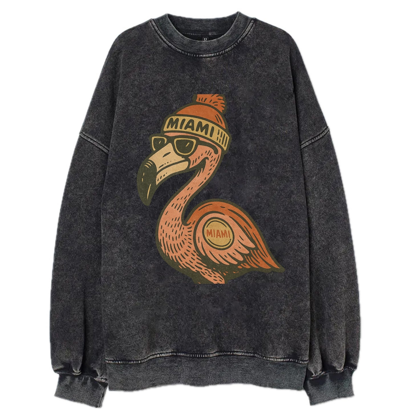 Miami Flamingo wearing Miami beanie with pom pom and wayfarer sunglasses - Vintage Sweatshirt - Black