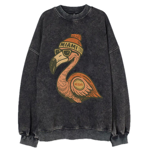 Miami Flamingo wearing Miami beanie with pom pom and wayfarer sunglasses - Vintage Sweatshirt