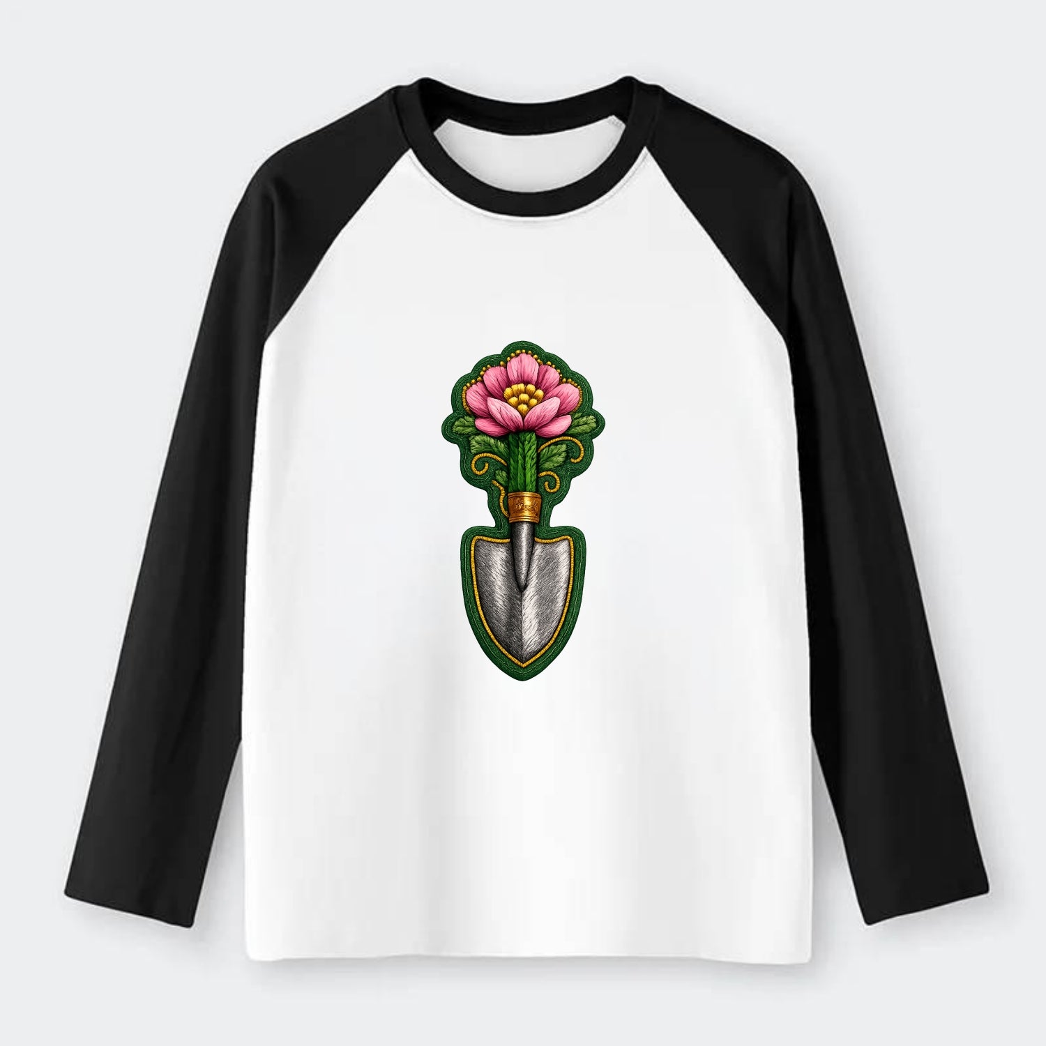Embroidered patch design - GARDENING TROWEL FLOWER - garden tool with - Raglan Long Sleeve T-Shirt - Black