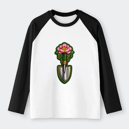 Embroidered patch design - GARDENING TROWEL FLOWER - garden tool with - Raglan Long Sleeve T-Shirt - Black