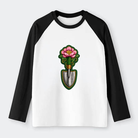 Embroidered patch design - GARDENING TROWEL FLOWER - garden tool with - Raglan Long Sleeve T-Shirt - Black