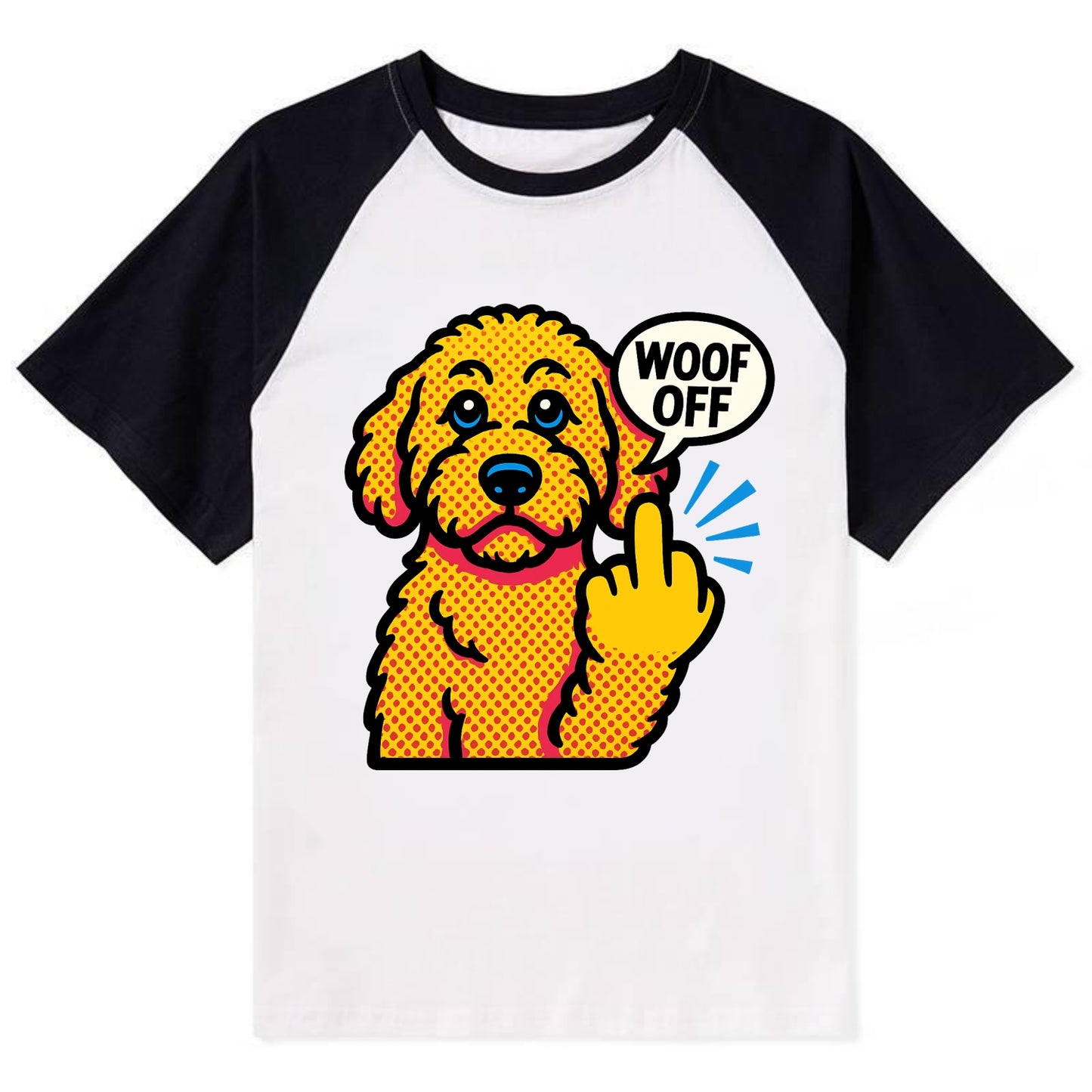 Goldendoodle with teddy bear face and curly golden coat, friendly paw - Contrast Raglan T-shirt - Black