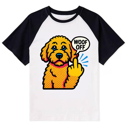 Goldendoodle with teddy bear face and curly golden coat, friendly paw - Contrast Raglan T-shirt - Black