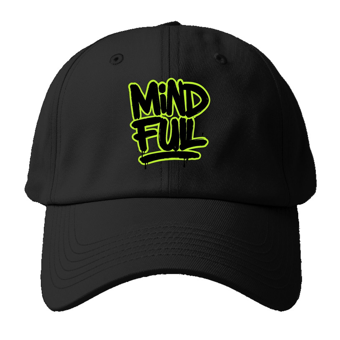 Bold typography design - "MINDFUL" - present awareness, conscious living - Baseball Cap - Black