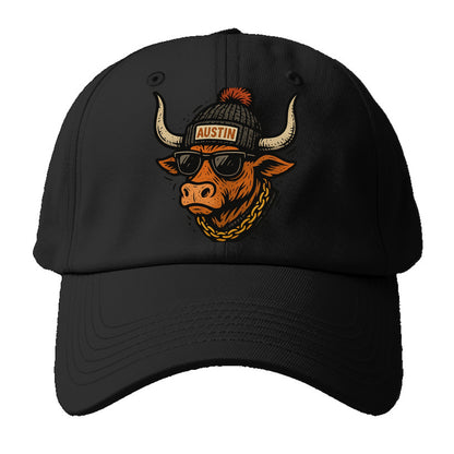 Texas Longhorn wearing Austin beanie with pom pom and wayfarer sunglasses - Baseball Cap - Black