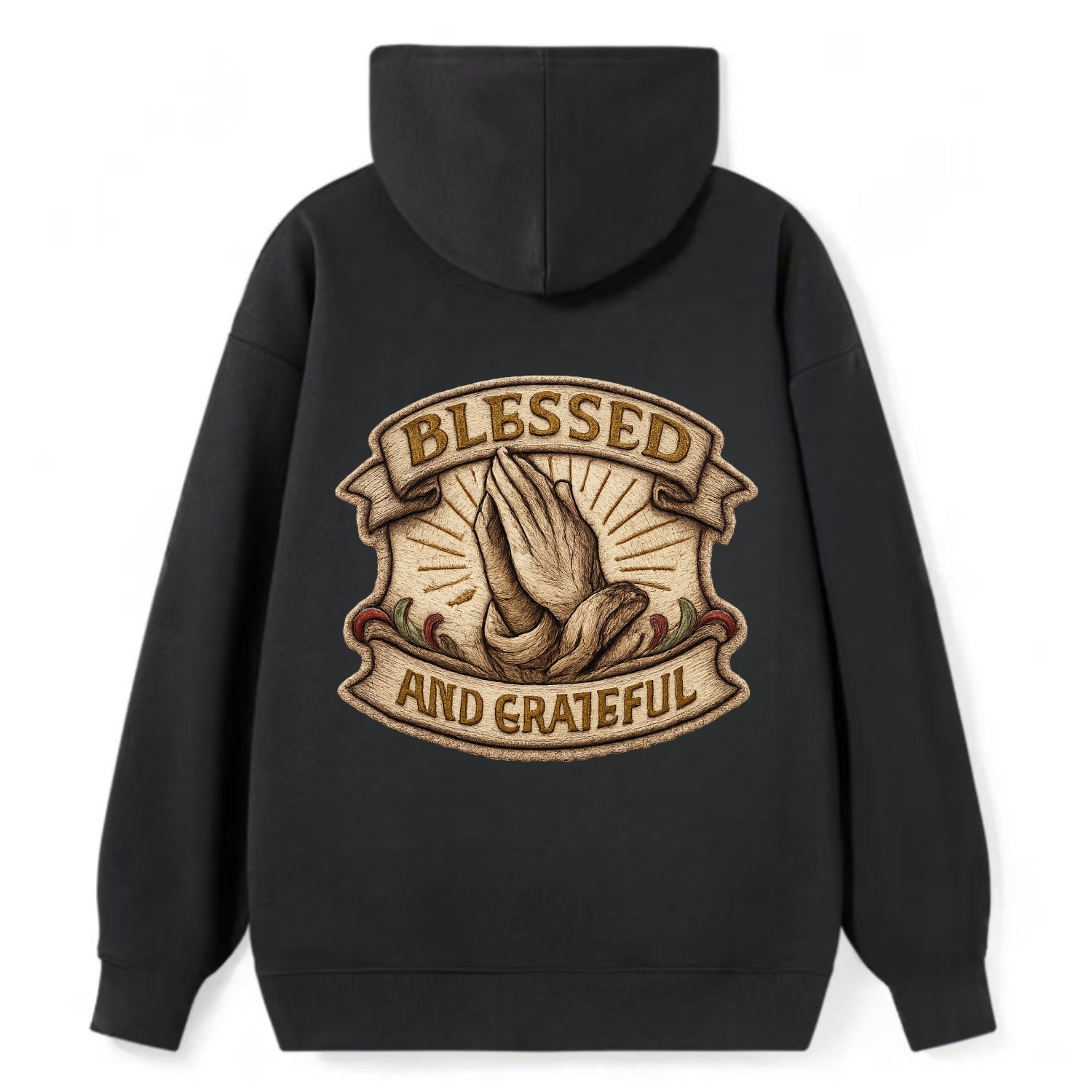 BLESSED AND GRATEFUL - praying hands with text in gold , thankful - Classic Pullover Hoodie - Black