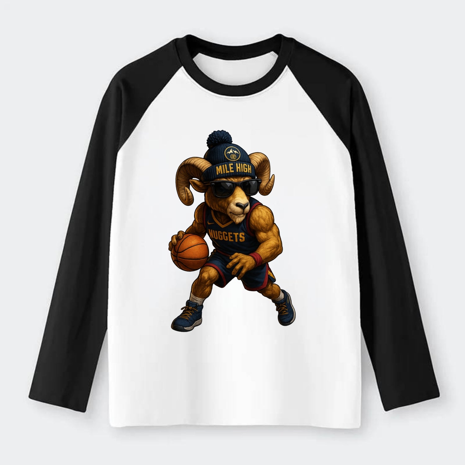 Mile High Bighorn wearing Nuggets beanie with mountain patch and - Raglan Long Sleeve T-Shirt - Black