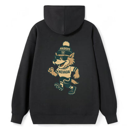 Nevada Wolf wearing Raiders beanie with outlaw patch and wayfarer - Classic Pullover Hoodie - Black