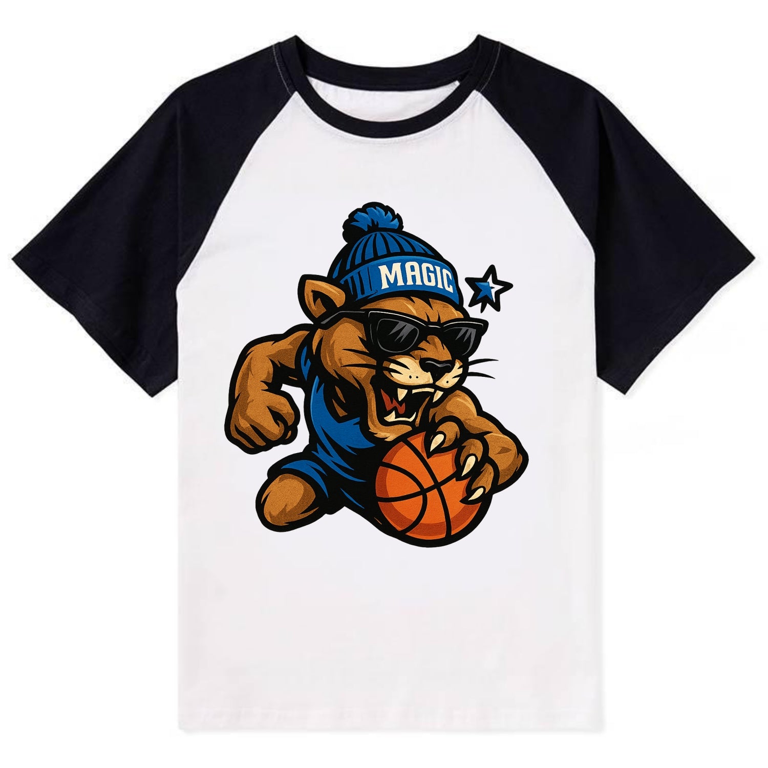 Florida Panther wearing Magic beanie with star wand patch and wayfarer - Contrast Raglan T-shirt - Black