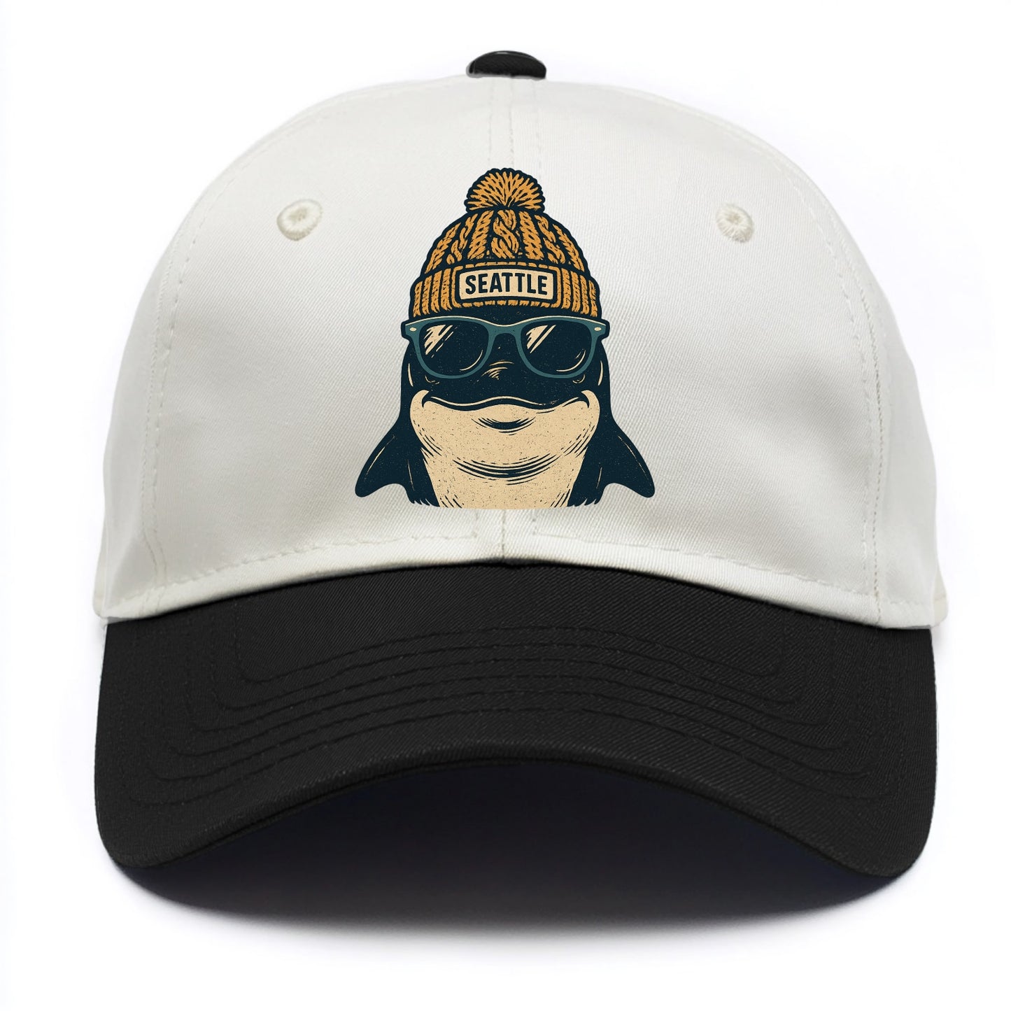 Seattle Orca wearing Seattle beanie with pom pom and wayfarer sunglasses - Two Tone Cap - Black