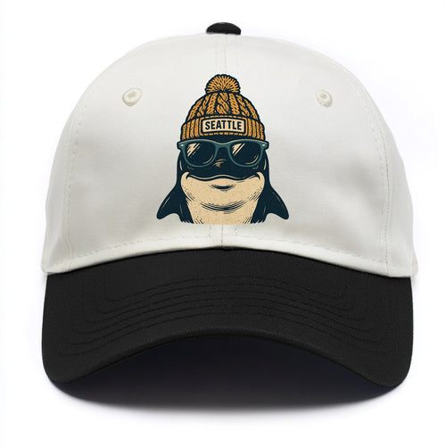 Seattle Orca wearing Seattle beanie with pom pom and wayfarer sunglasses - Two Tone Cap