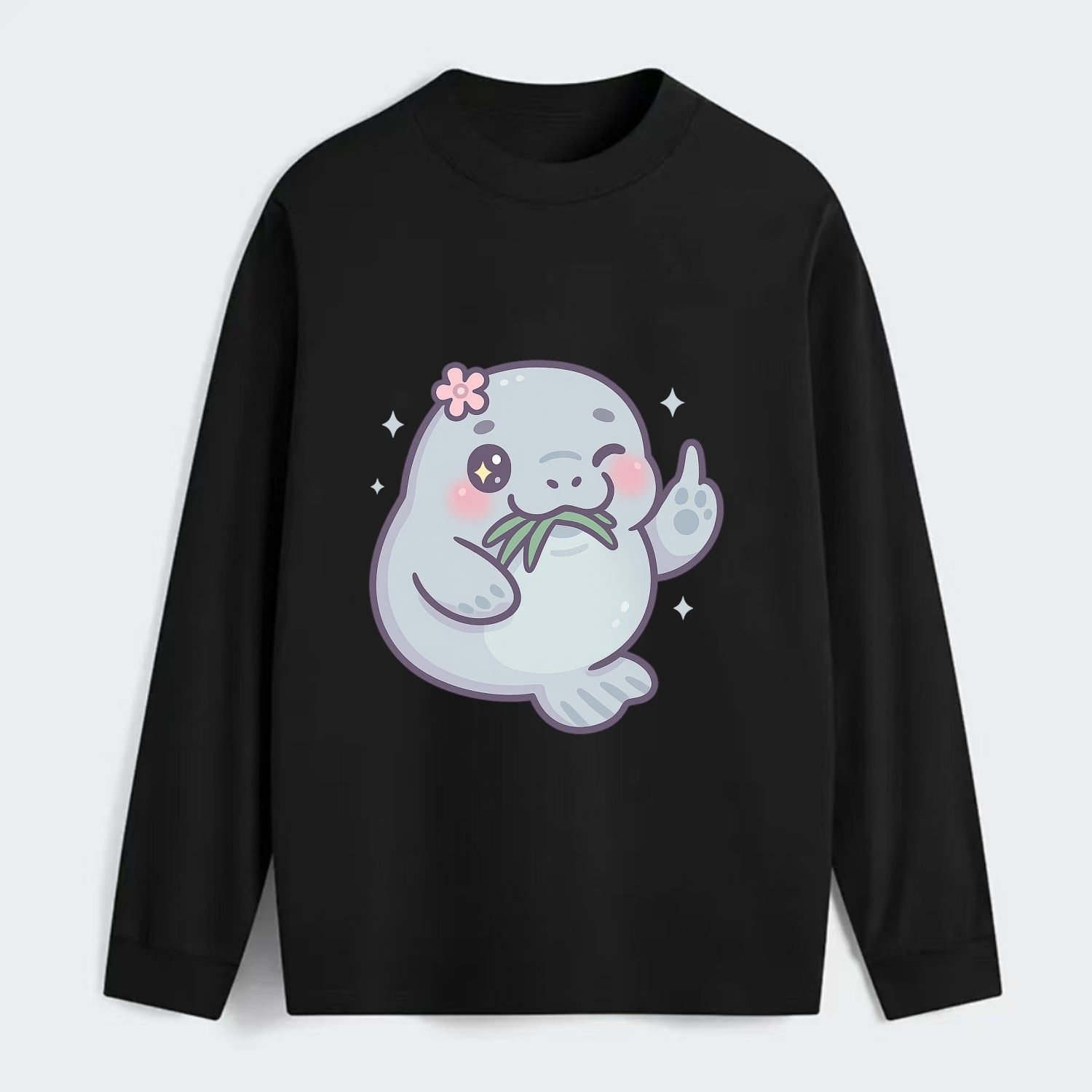 chubby manatee munching on seagrass, one flipper raised with sass - Classic Long Sleeve Shirt - Black