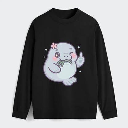 chubby manatee munching on seagrass, one flipper raised with sass - Classic Long Sleeve Shirt - Black
