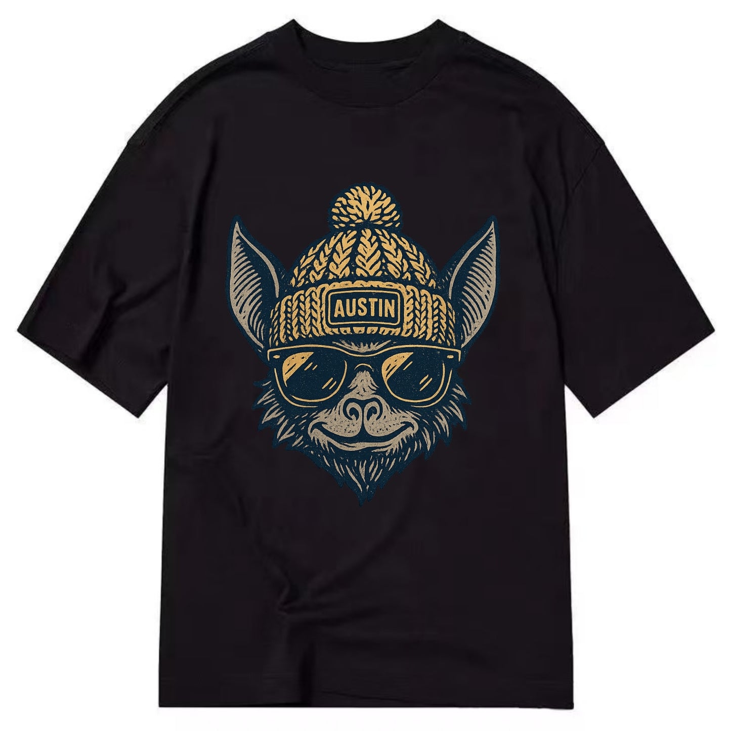 Austin Bat wearing Austin beanie with pom pom and wayfarer sunglasses - Classic T-shirt - Black