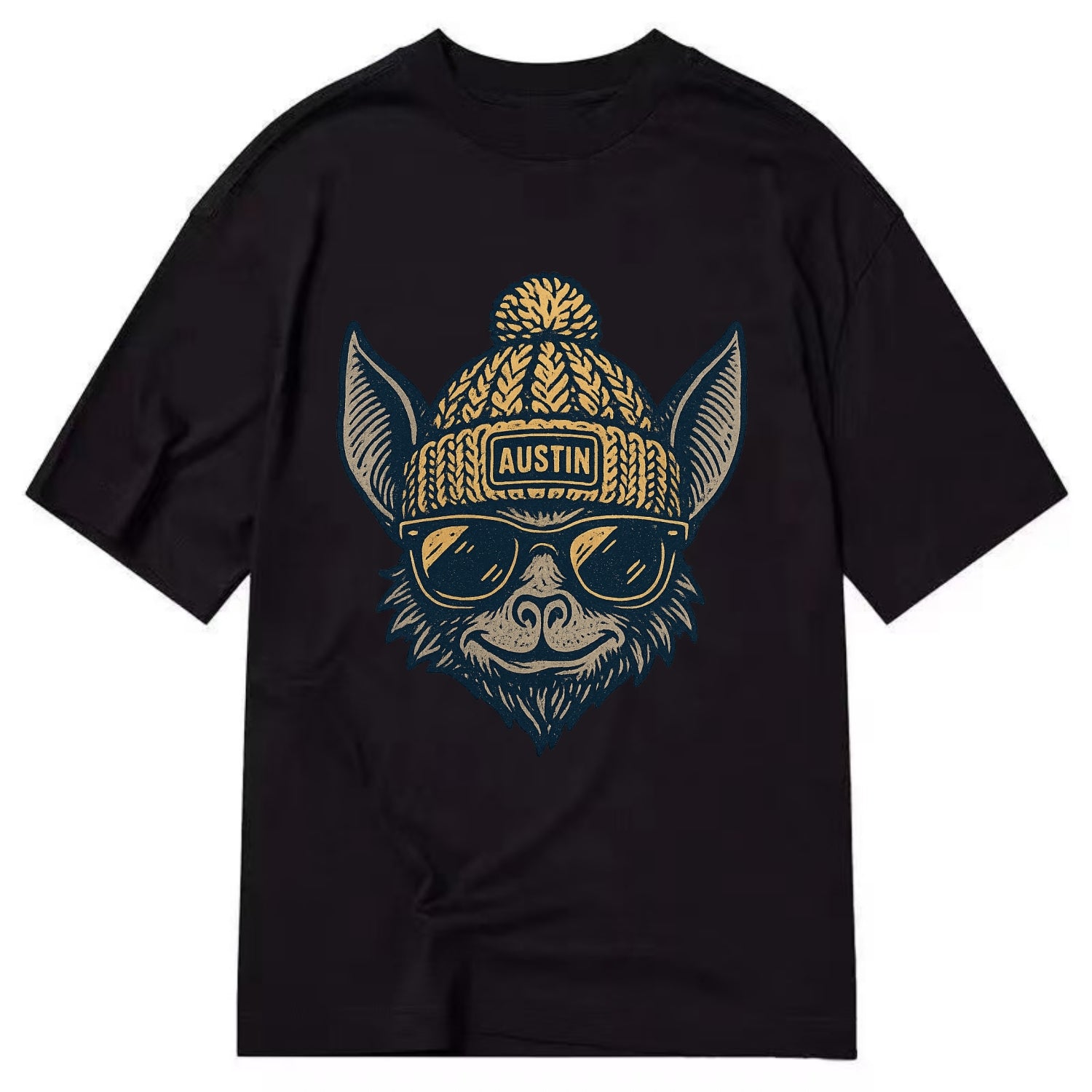 Austin Bat wearing Austin beanie with pom pom and wayfarer sunglasses - Classic T-shirt - Black