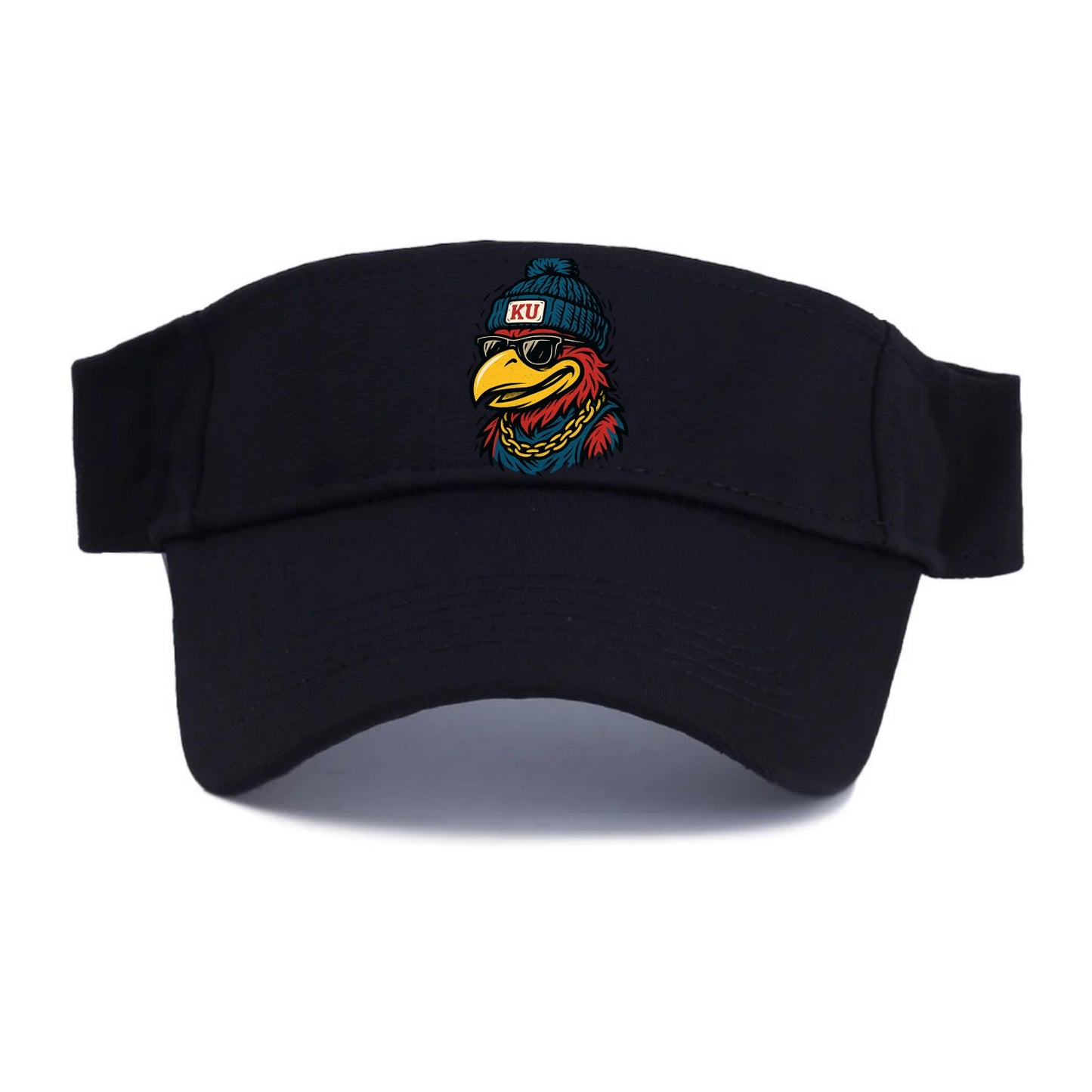 Lawrence Jayhawk wearing Kansas beanie with KU patch - Visor - Black
