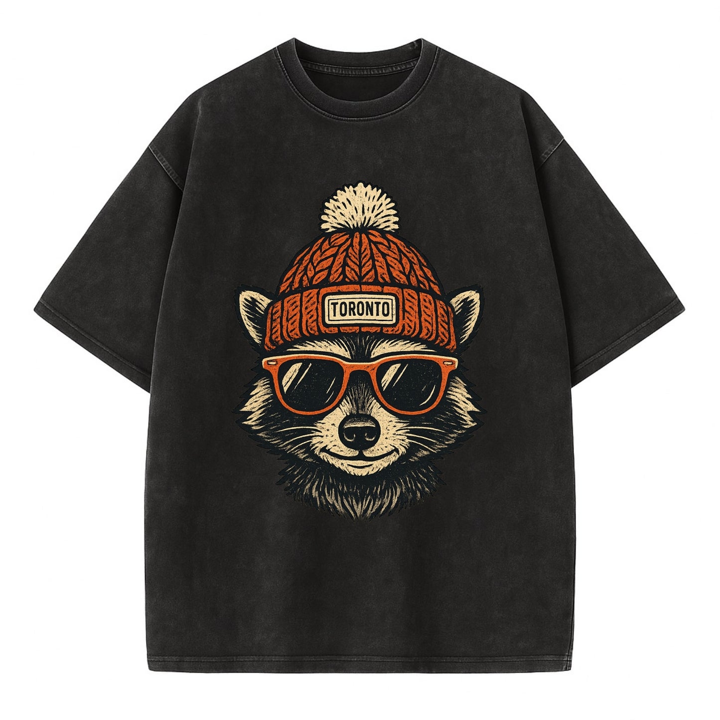 Toronto Raccoon wearing Toronto beanie with pom pom and wayfarer sunglasses - Vintage T-shirt - Black