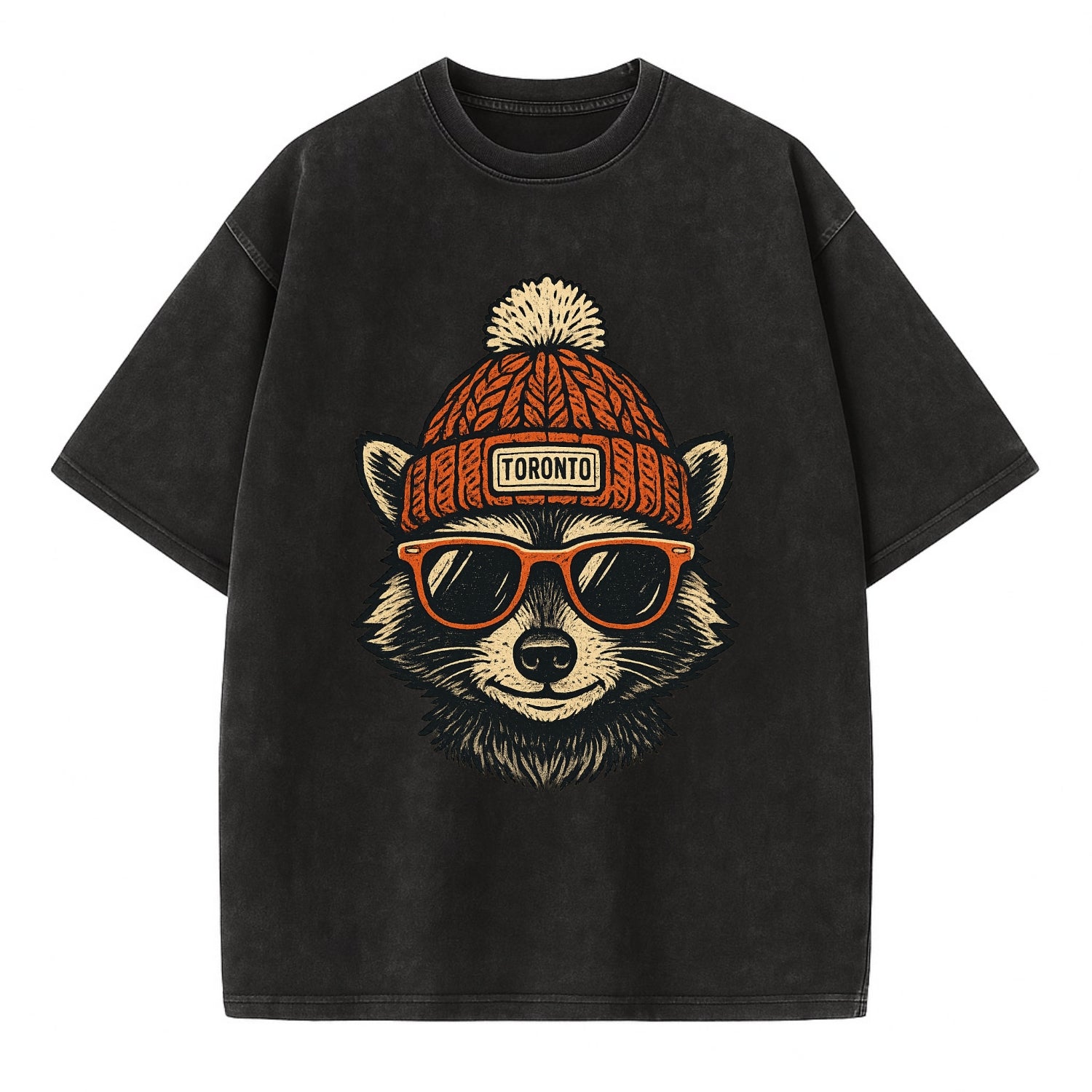 Toronto Raccoon wearing Toronto beanie with pom pom and wayfarer sunglasses - Vintage T-shirt - Black