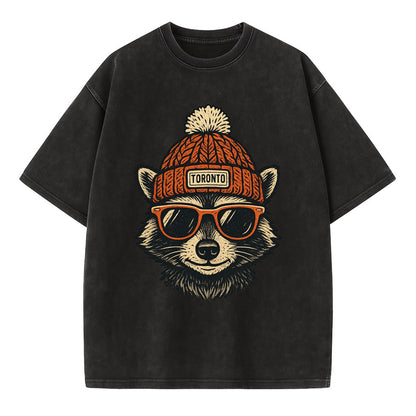 Toronto Raccoon wearing Toronto beanie with pom pom and wayfarer sunglasses - Vintage T-shirt - Black