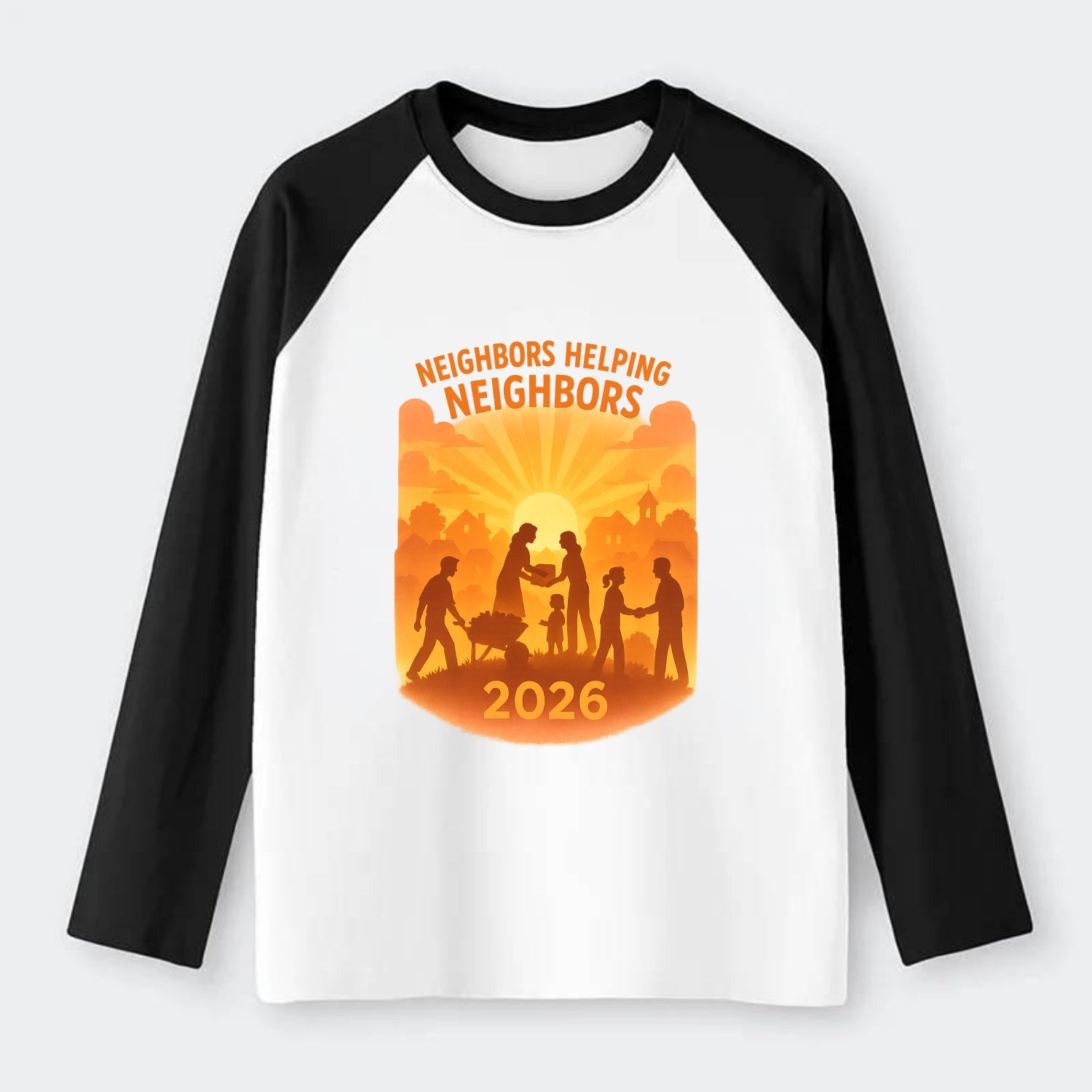 Local communities thriving with shared resources - "Neighbors Helping - Raglan Long Sleeve T-Shirt - Black