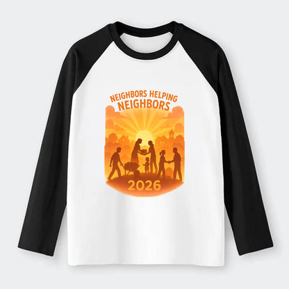 Local communities thriving with shared resources - "Neighbors Helping - Raglan Long Sleeve T-Shirt - Black