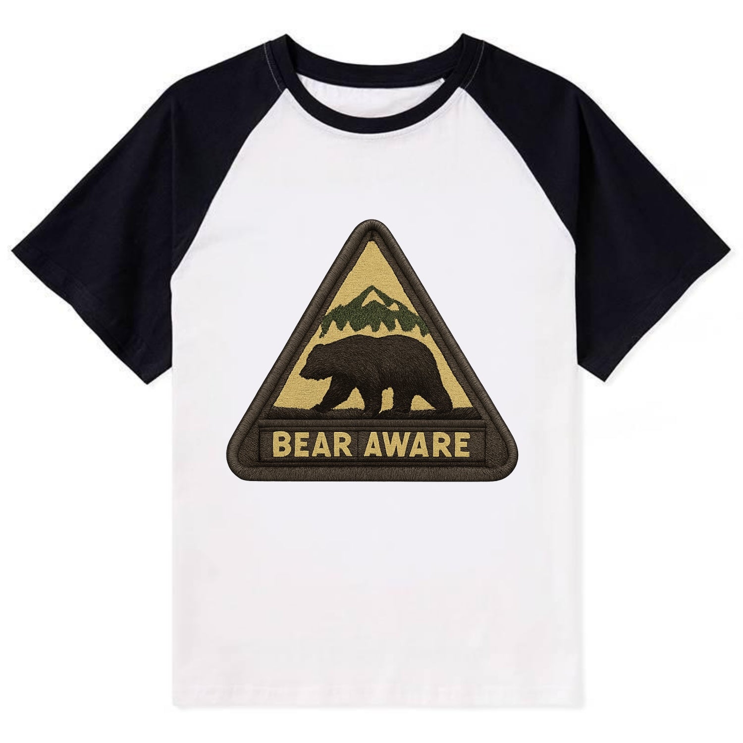 BEAR AWARE - bear silhouette warning in brown and yellow , wilderness - Contrast Raglan T-shirt - Black