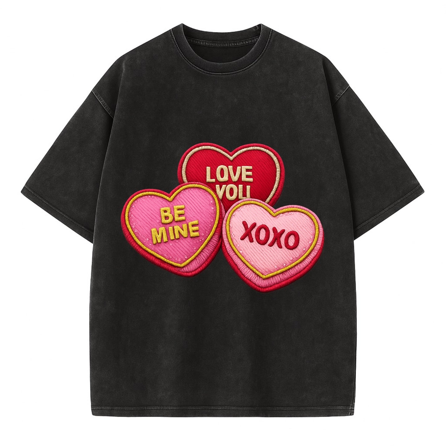 VALENTINES HEARTS - candy hearts in pink and red , love day - Vintage T-shirt - Black