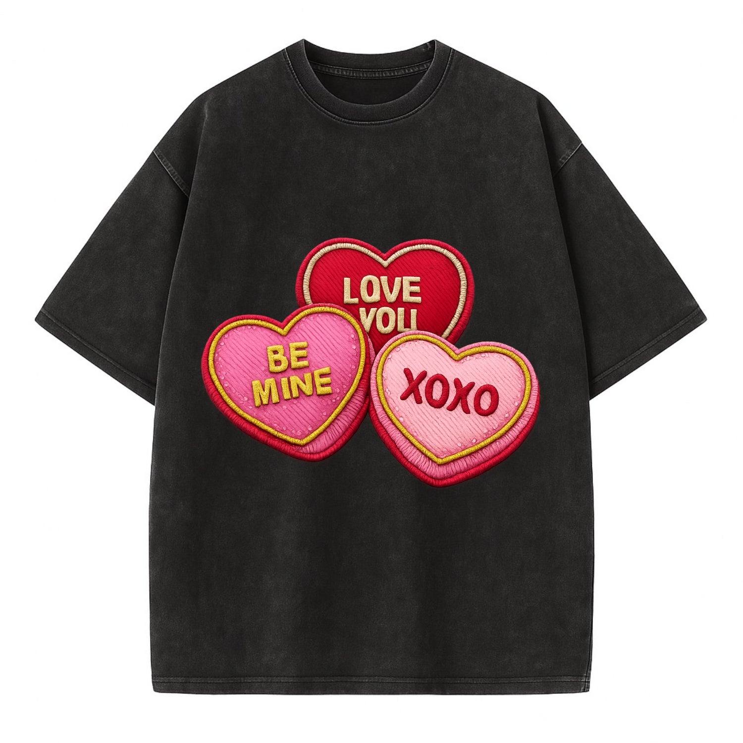 VALENTINES HEARTS - candy hearts in pink and red , love day - Vintage T-shirt - Black