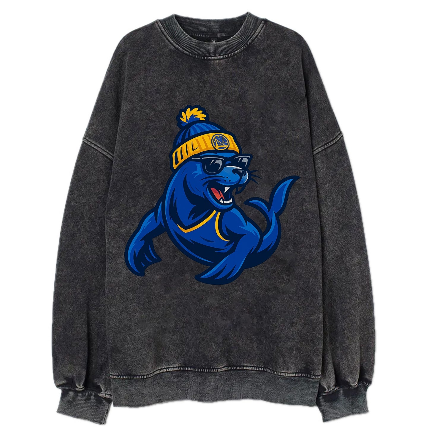 Bay Area Sea Lion wearing Warriors blue and gold beanie with Golden Gate and - Vintage Sweatshirt - Black