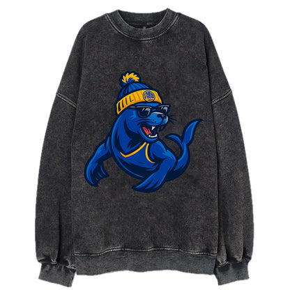 Bay Area Sea Lion wearing Warriors blue and gold beanie with Golden Gate and - Vintage Sweatshirt - Black